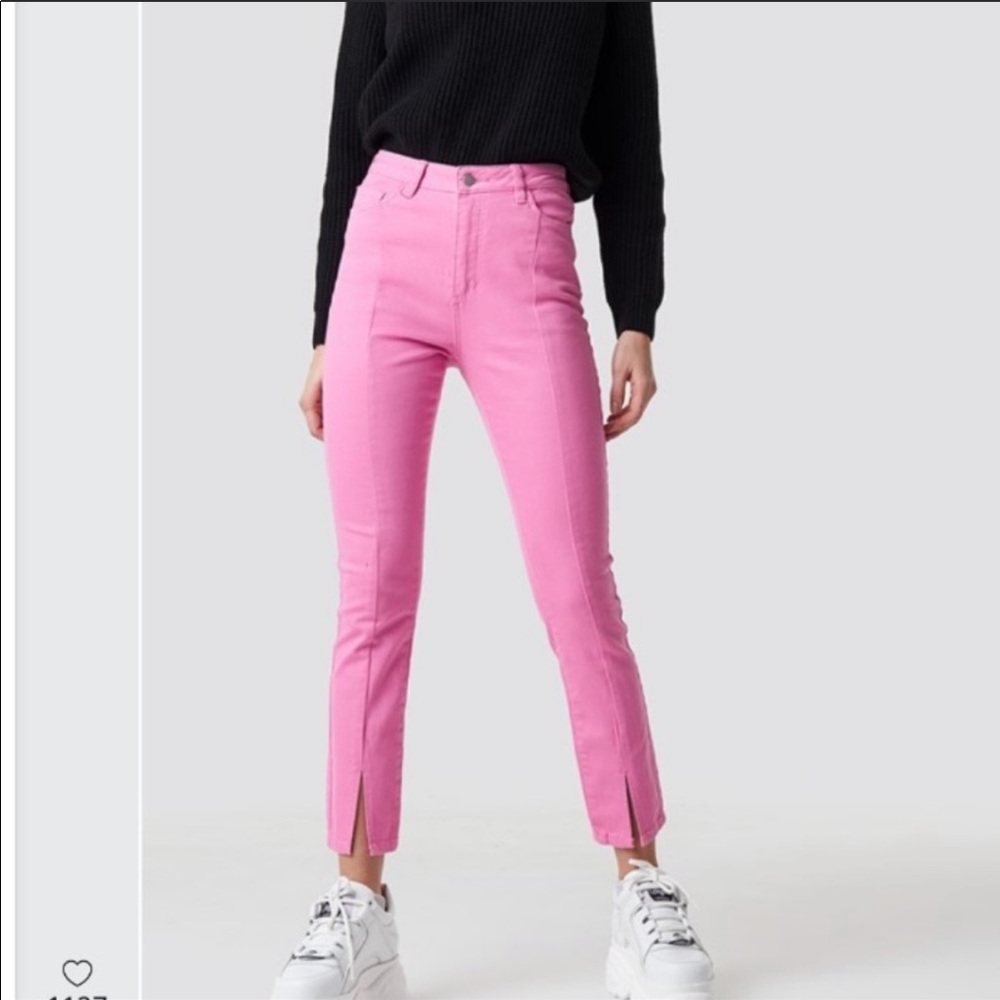 NWT NA-KD Pink High Waist Skinny Front Slit Jeans - Picture 1 of 6